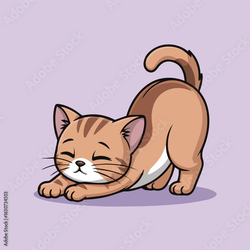 A cute cartoon cat stretches its body in a delightful pose, showcasing its flexibility and charm in this adorable vector illustration of a happy feline