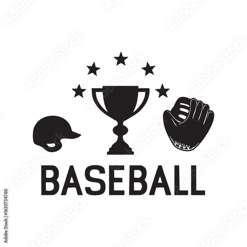 Baseball championship trophy with stars baseball glove and helmet representing victory and sports achievement