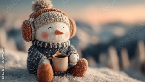 Cozy snowman toy holding hot cocoa mug in winter scene. Cute holiday decoration. Christmas and New Year greeting card concept with snowy background and copy space.