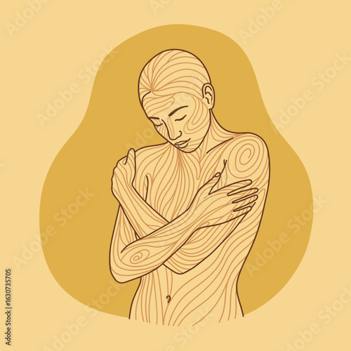 Sketch vector of person hugging themselves, comforting and reflective, mental health self-care concept with abstract warm lines a
