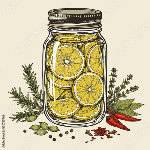 Preserved lemon jar hand-drawn vector, rustic style, herbs and spices scattered nearby, kitchen illustration