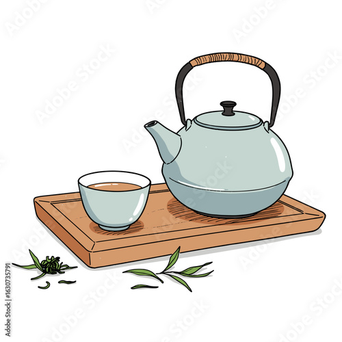 Hand-drawn vector tea ceremony set with peaceful and mindful mood, cup, tray, kettle, and leaves in gentle organic lines, slow moment concept
