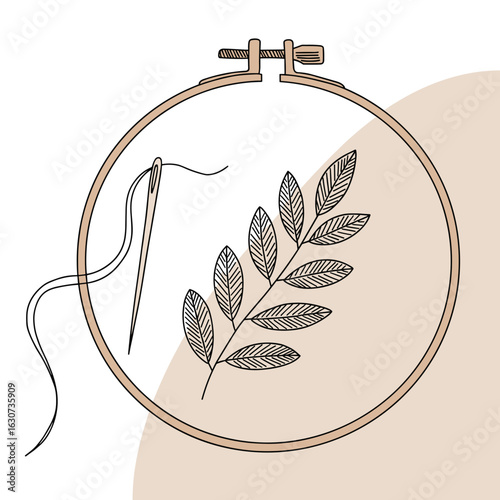 Line art of embroidery hoop with stitched leaf pattern, delicate and creative, needle and thread craft in minimal home style