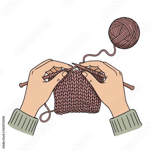 Hand-drawn knitting hands with cozy and warm mood, yarn ball and soft wool texture, handmade aesthetic on white background, vector illustration