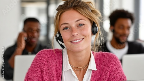 Woman wearing a pink sweater and a headset is smiling. She is in a room with other people, and there are two cell phones visible