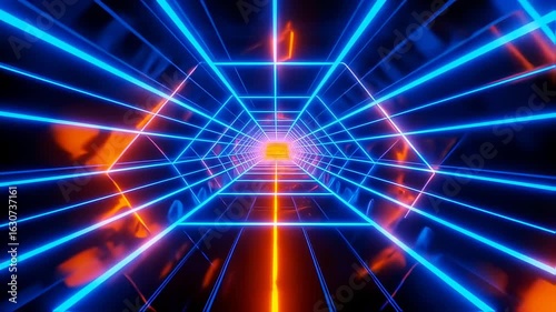 Dynamic journey through a futuristic hexagonal tunnel of glowing blue and orange neon grid lines.