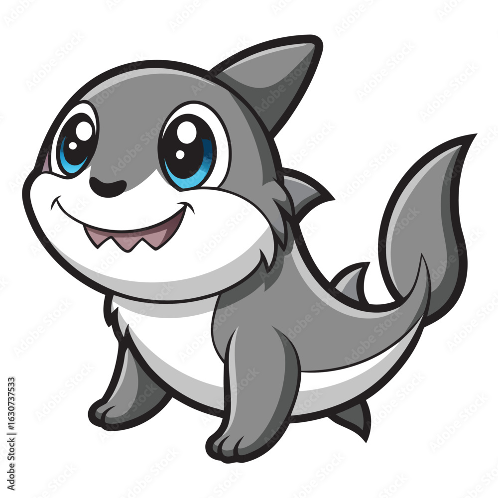 Obraz premium Cute cartoon shark with big blue eyes and happy smile illustration vector
