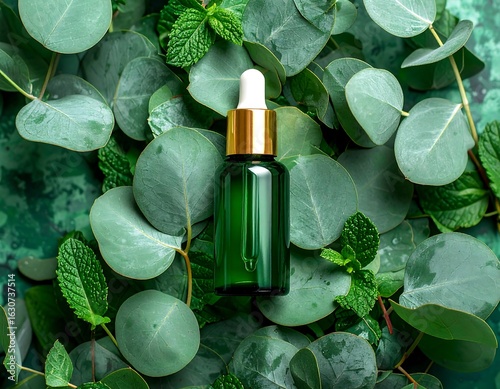 Green serum bottle, eucalyptus and mint leaves