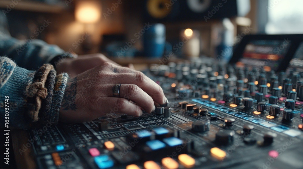 Obraz premium Close-up of hands adjusting audio console