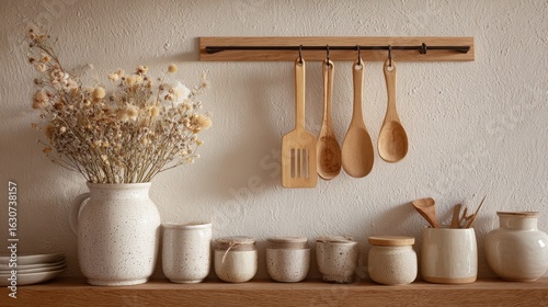 Rustic kitchen charm dried flowers and wooden utensils adorn a textured wall