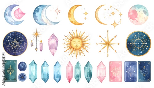 Watercolor celestial and crystal illustrations, including moons, sun, stars, and tarot cards