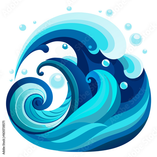 Stylized Ocean Waves Vector, Swirling Blue Turquoise Patterns, Modern Clean Sea Design with Bubbles and Light Reflections