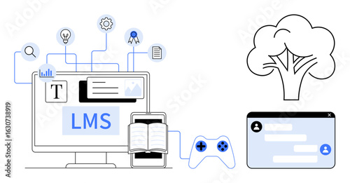 LMS interface on desktop with open book, gaming controller, badges, tree symbol, and chat window. Ideal for education, gamification, sustainability, knowledge sharing collaboration creative