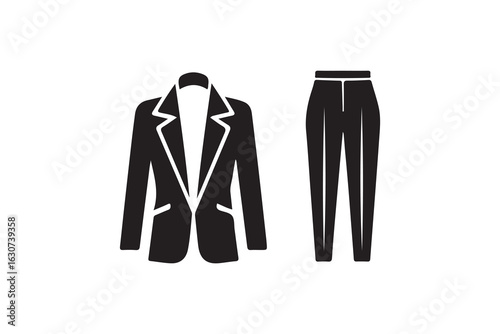 Stylish Black Blazer and Pants Suit Silhouette.A simple, bold silhouette of a blazer and pants suit.