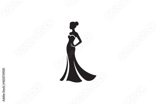 Elegant Silhouette of a Woman in a Formal Gown.This black and white silhouette showcases a woman in a glamorous formal gown.