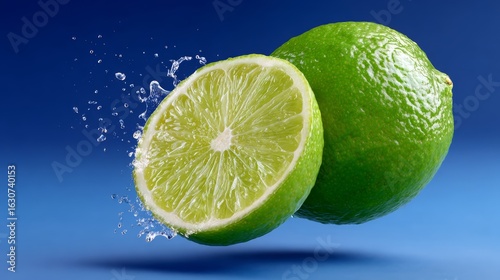 Lime is cut in half and is floating in the air. The lime is green and has a fresh, juicy appearance