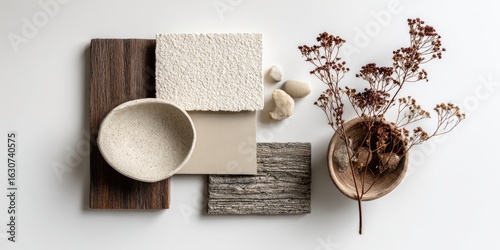Beige and brown material samples, a bowl, and dried flowers on a white surface