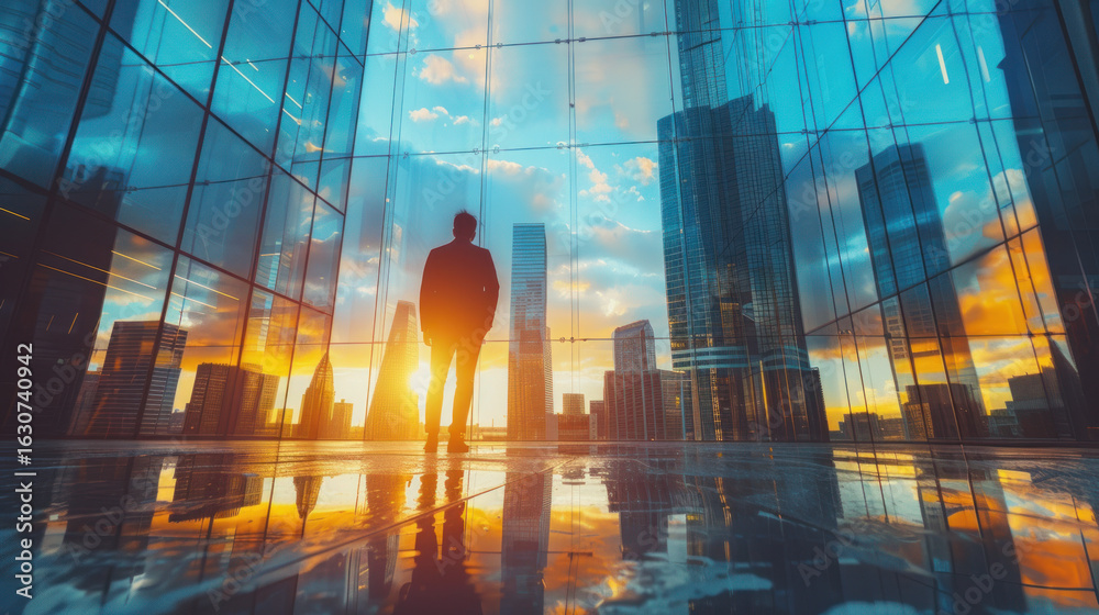 Obraz premium Contemplative figure gazes at city skyline from modern office, sunset colors reflecting in glass facade.