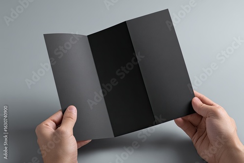Hands holding an open tri-fold black brochure