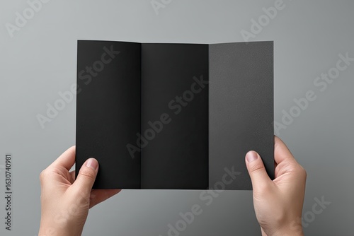 Black tri-fold brochure held by hands