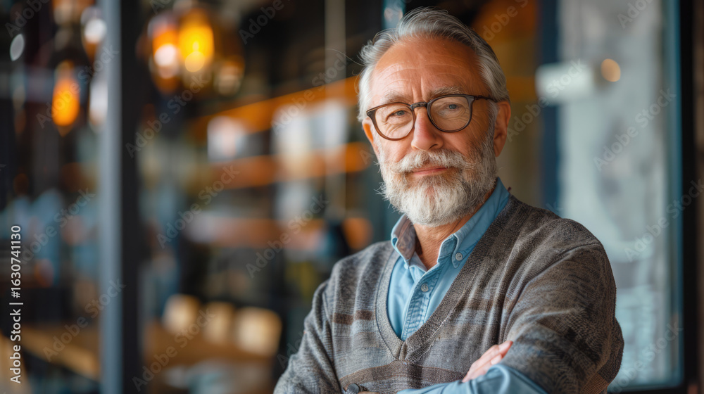Obraz premium Portrait of a mature man with glasses and a beard, showcasing confidence and modern style in soft lighting.