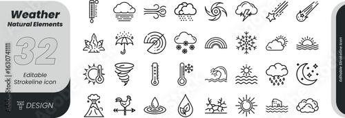 Vector art of diverse collection of weather and natural element icons, depicting atmospheric phenomena and environmental conditions, isolated on white background transparent background