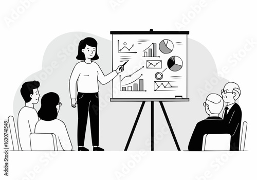 A woman presenting data charts to a group of attendees at a business meeting.