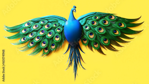 Illustration of a blue-green peacock, a symbol with a wingspan. 3D rendering of a beautiful bird on a yellow background.