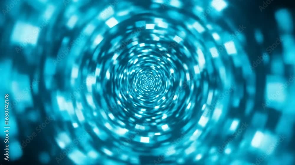 Abstract turquoise tunnel effect with glowing white squares and high speed motion Abstract turquoise tunnel effect with glowing white squares and high speed motion