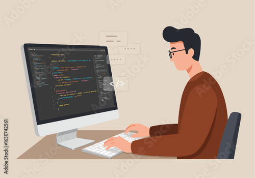 A focused programmer diligently codes at his desk, immersed in lines of computer script displayed on a large monitor.