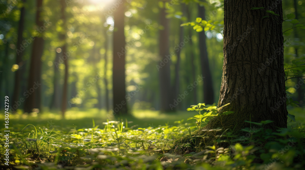 Obraz premium Sunlit forest floor with a large tree in the foreground, creating a serene and tranquil atmosphere.