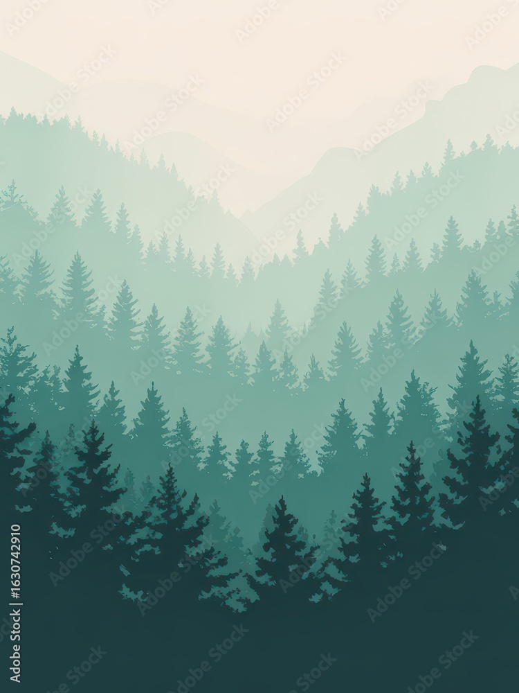 Fototapeta premium Layered Forest Landscape With Stylized Pine Trees 