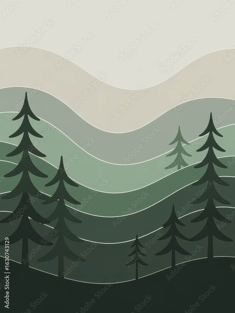 Fototapeta premium Layered Forest Landscape With Stylized Pine Trees 