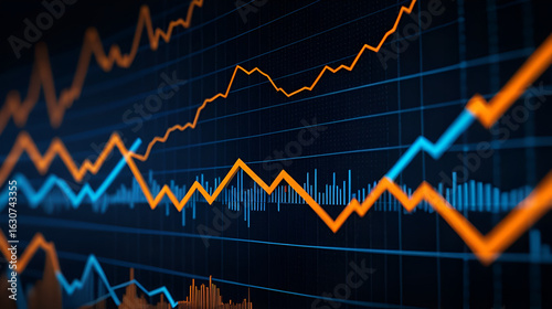 Abstract digital rendering of fluctuating stock market data visualized as glowing orange and blue lines against a dark background with bokeh effects, suggesting volatility and market trends