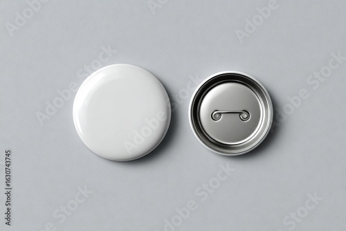 Two blank, round, white promotional badges/buttons, one open, the other closed, on a light gray background