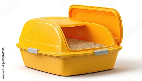 Bright yellow plastic cat litter box with open lid