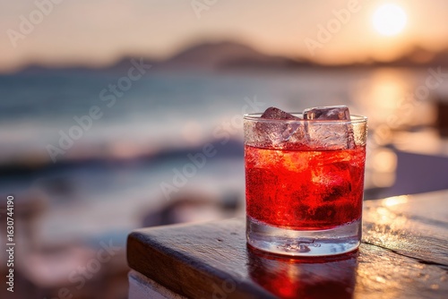 Red cocktail at sunset by the sea