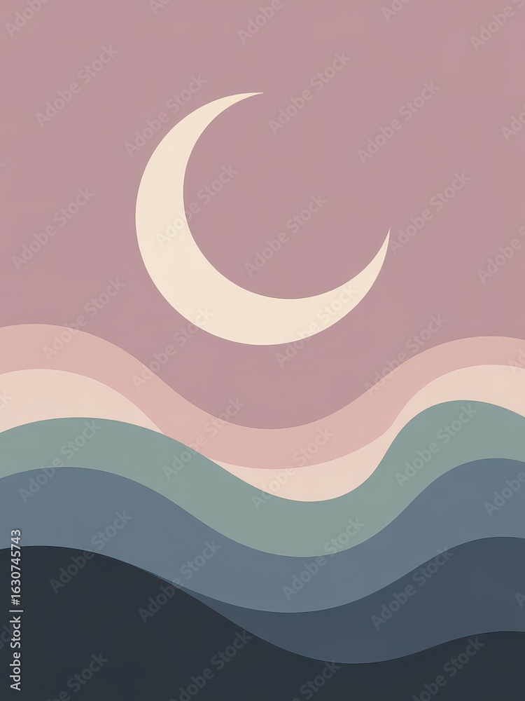 Obraz premium Minimal Crescent Moon Over Waves