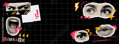 Halftone pop art collage with vintage element eyes and mouth. Trendy abstract concept for social media, website header.