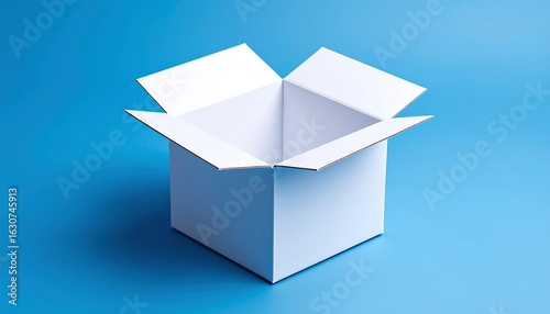 Empty white cardboard box on blue background