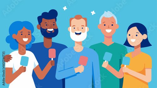 Cryotherapy Squad A group of diverse individuals holding ice packs and ice poles smiling together in camaraderie as they discuss their recovery process.