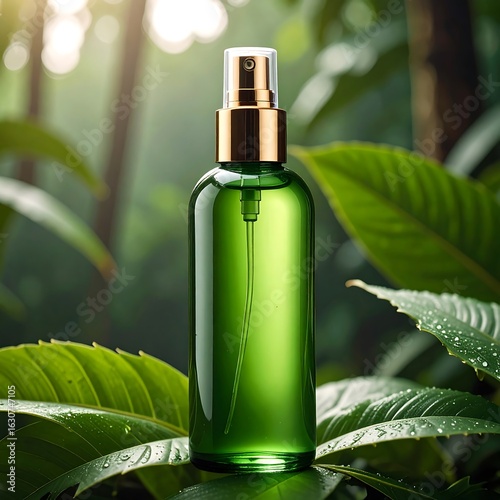 Green spray bottle on lush leaves