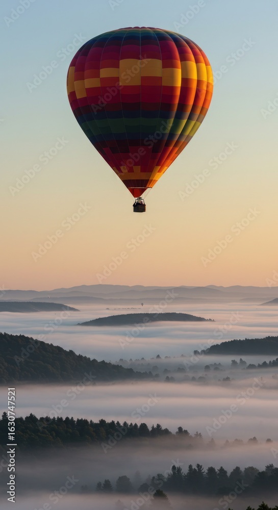 Fototapeta premium Hot air balloon over misty mountains
