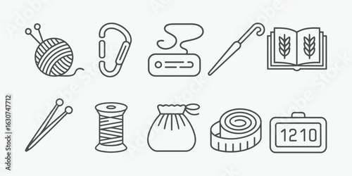 Sewing and knitting icon set - outline symbols for handmade crafts, DIY, tailoring, and textile hobby tools