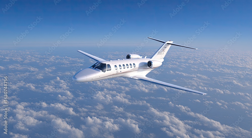 Obraz premium White jet plane soars above fluffy clouds