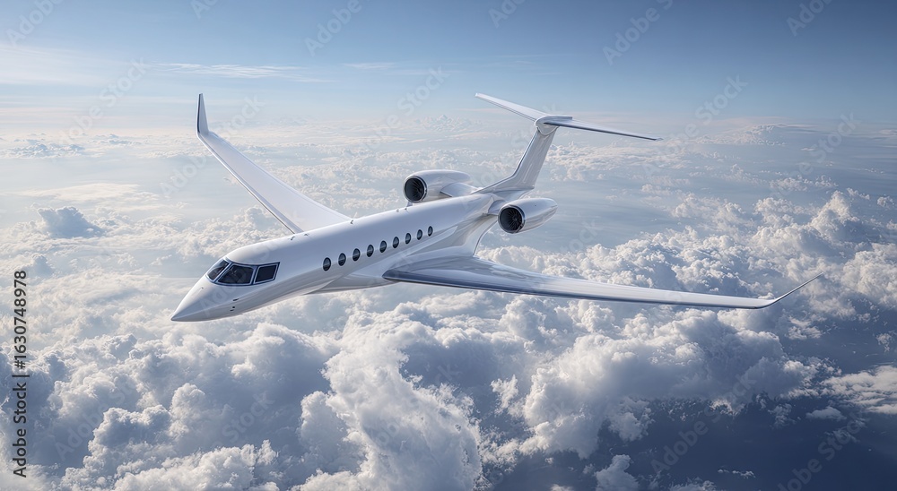 Sleek white jet soaring above fluffy clouds Sleek white jet soaring above fluffy clouds