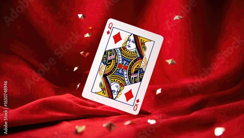 A playing card floats above red velvet fabric with dramatic lighting. The King of Hearts stands out in a casino-inspired concept. Generative AI.