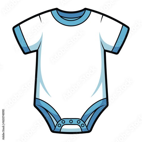 Blank white baby onesie with blue trim and snaps