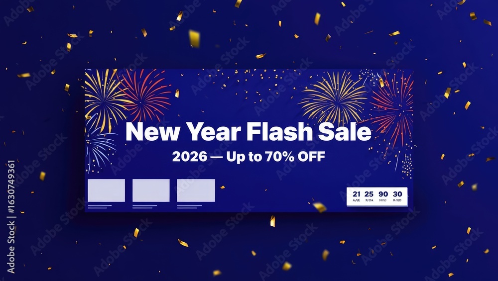Naklejka premium New Year Flash Sale banner with fireworks and discount text on deep blue background. Perfect for online promotions and digital marketing. Generative AI.