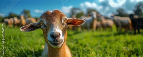 Goat Grazing in Lush Green Field With Herd in Background Under Sunny Sky